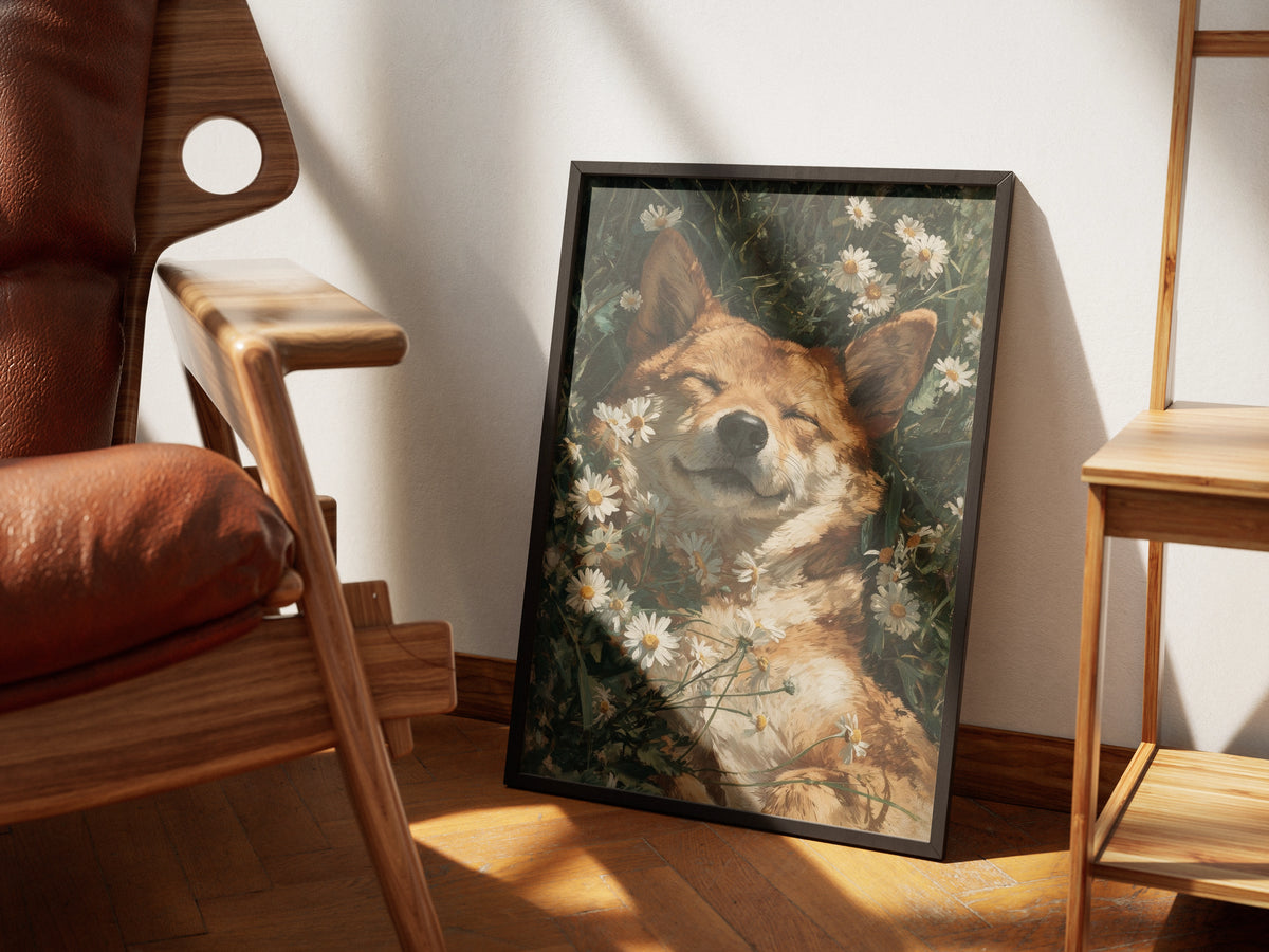 Bliss by Muse & Paw, a golden dog resting peacefully in daisies, shown framed in a sunlit interior