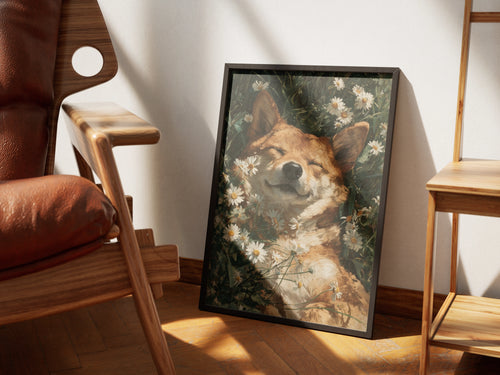 Bliss, Wandkunst mit goldenem Hund in Gänseblümchen