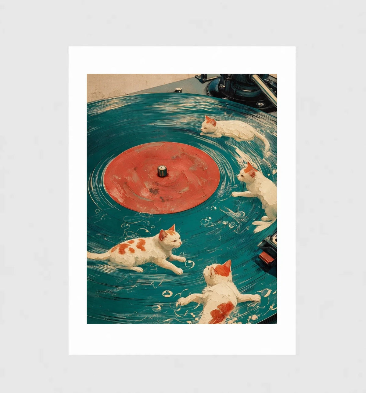 B-Side by Muse and Paw, a retro print of four ginger and white cats swimming on a record, shown flat as a bordered fine art print.