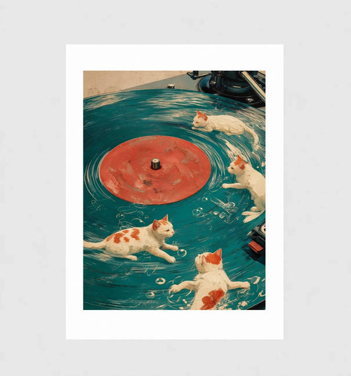 B-Side, Wandkunst mit Katzen und Schallplatte