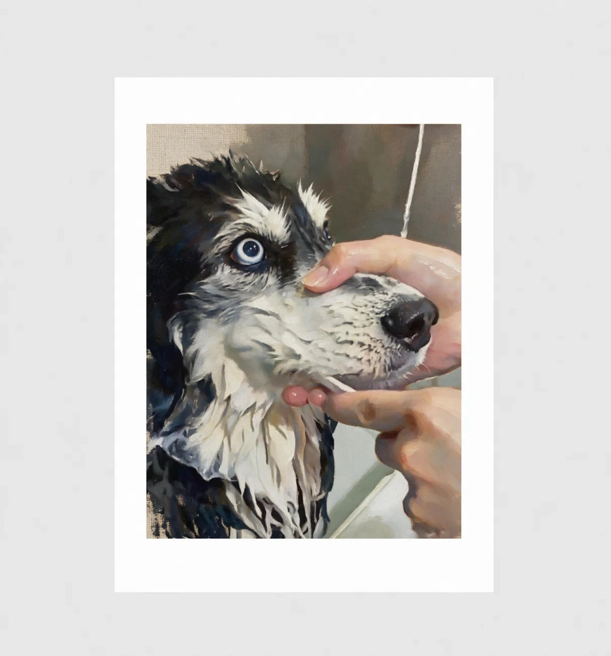 Bath Night by Muse and Paw, an oil-painted print of a wet husky held by the muzzle under a running tap, shown flat as a bordered fine art print.