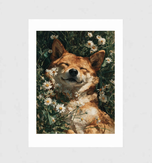 Bliss, Wandkunst mit goldenem Hund in Gänseblümchen