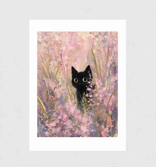Bloom, Wandkunst mit schwarzem Kätzchen in Wildblumen