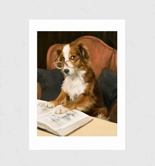 Bookworm, Wandkunst mit Hund und Lesebrille