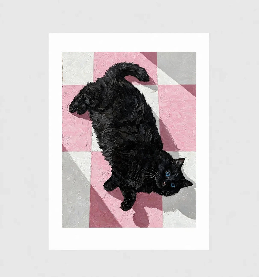 Checkmate by Muse and Paw, a painterly print of a black cat on a pink checkerboard, shown flat as a bordered fine art print.