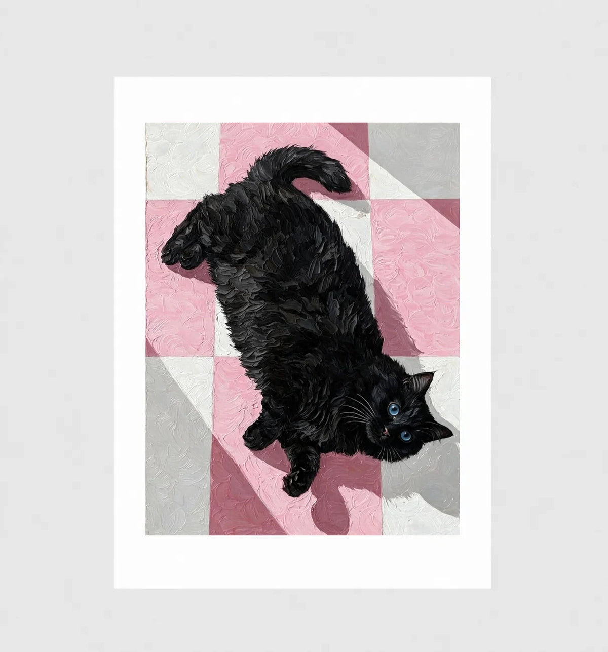 Checkmate by Muse and Paw, a painterly print of a black cat on a pink checkerboard, shown flat as a bordered fine art print.