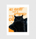 Door Policy by Muse and Paw, a black cat quote print in orange hand-lettered type, shown flat as a bordered fine art print.