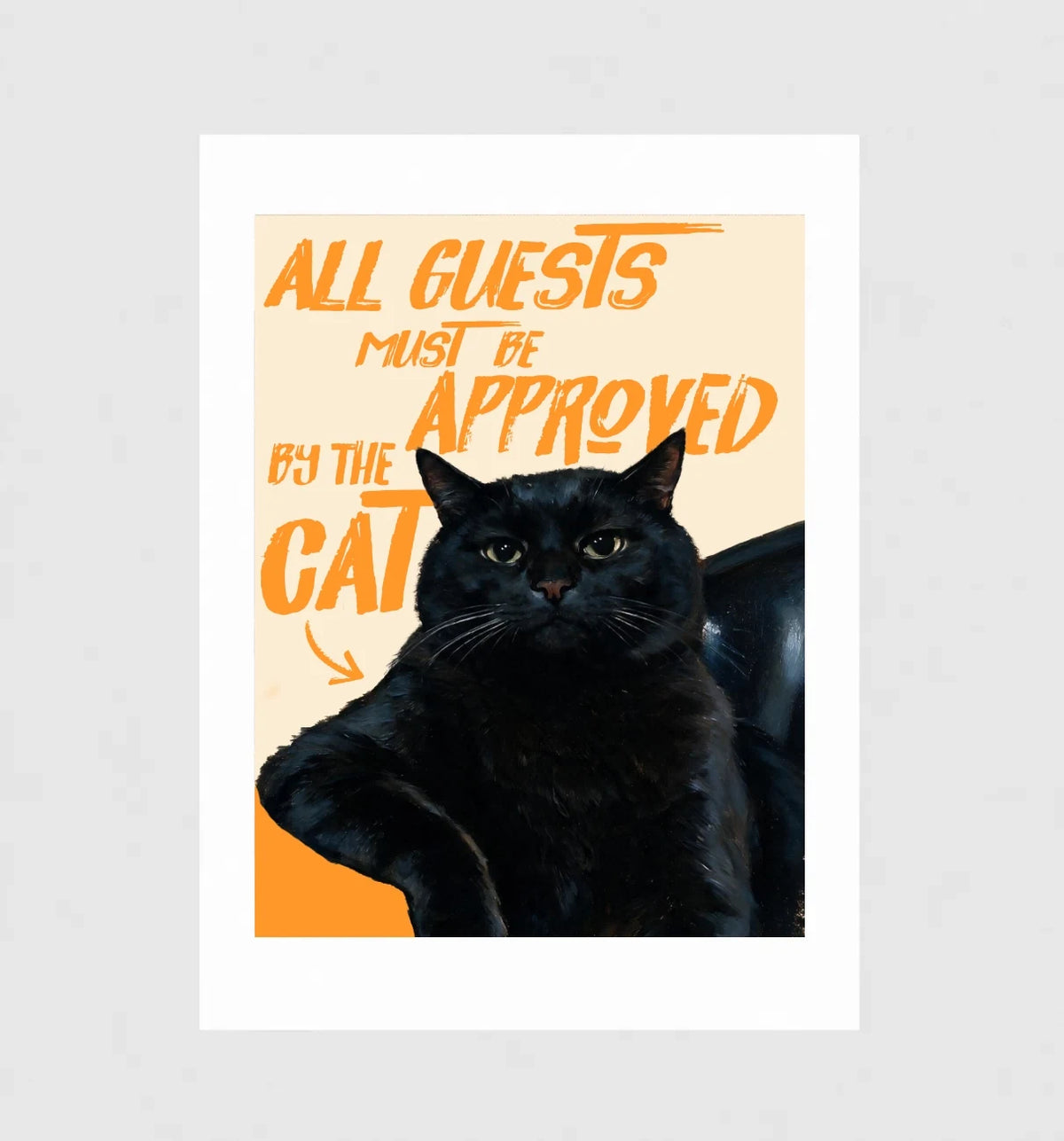Door Policy by Muse and Paw, a black cat quote print in orange hand-lettered type, shown flat as a bordered fine art print.