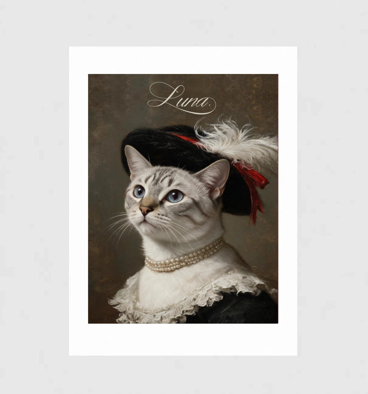 Feathered Hat by Muse and Paw, a Renaissance portrait of a pale tabby cat in a plumed hat and lace collar, shown flat as a bordered fine art print.