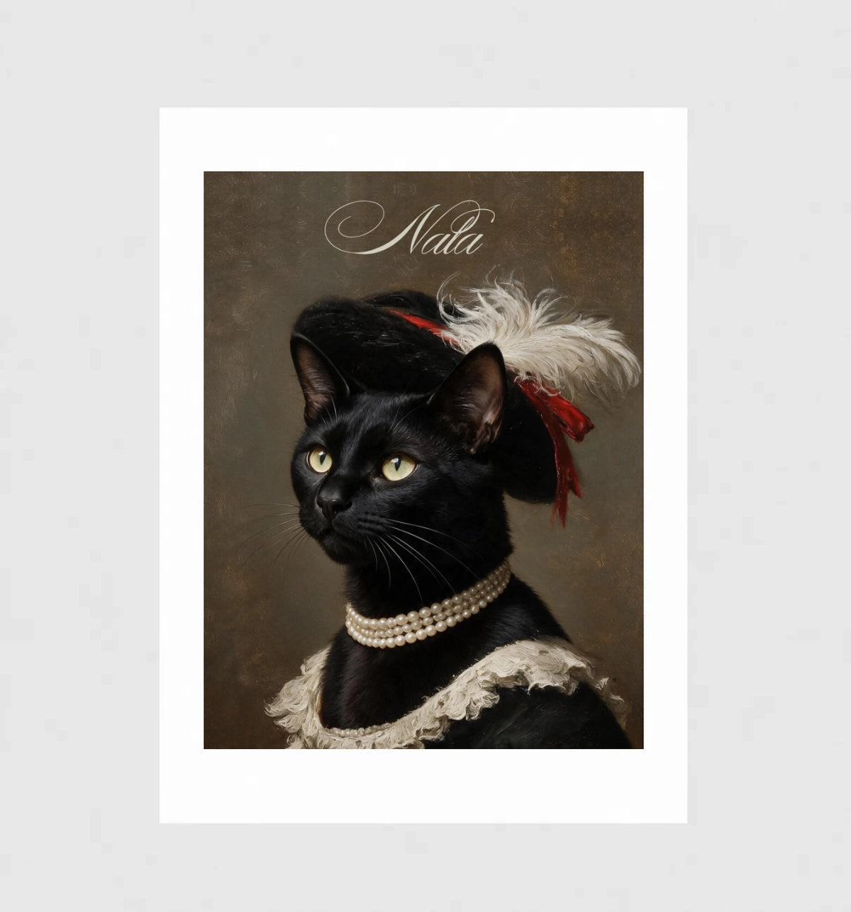 Feathered Hat by Muse and Paw, a Renaissance portrait of a black cat in a plumed hat and pearls, shown flat as a bordered fine art print.
