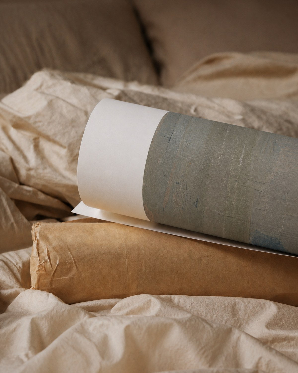 A Muse and Paw fine art print rolled in tissue and kraft paper, resting on soft linen bedding.