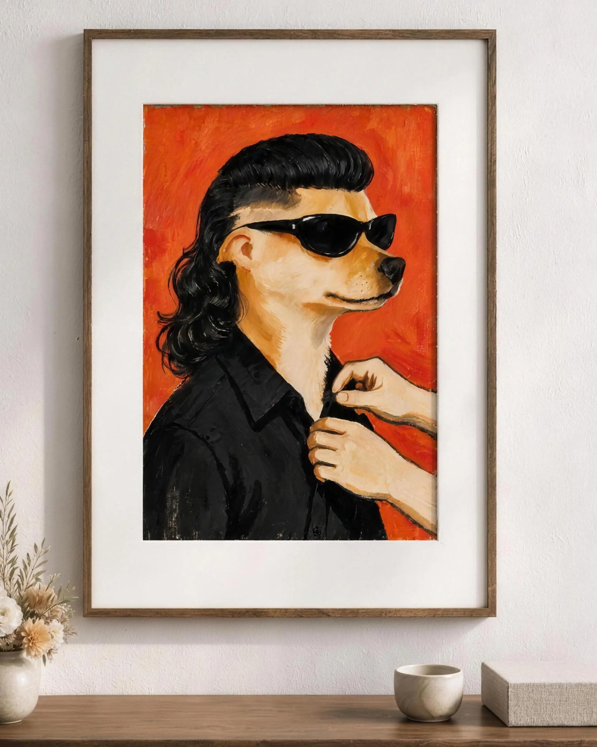 Business in the Front dog art as a framed print in a solid oak frame with a wide white mount, hanging above an oak sideboard.