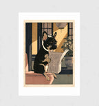 Front Page by Muse and Paw, a black French bulldog reading a newspaper on a pink toilet beside a lattice window, in Japanese woodblock style, shown flat as a bordered fine art print.