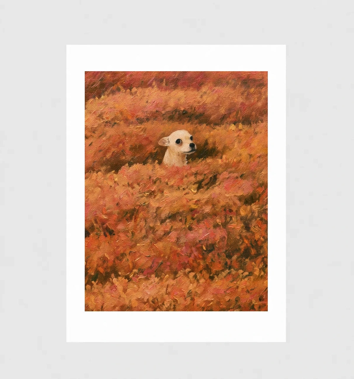 Hide and Seek by Muse and Paw, a small fawn chihuahua peeking out of a field of rust and coral flowers, shown flat as a bordered fine art print.