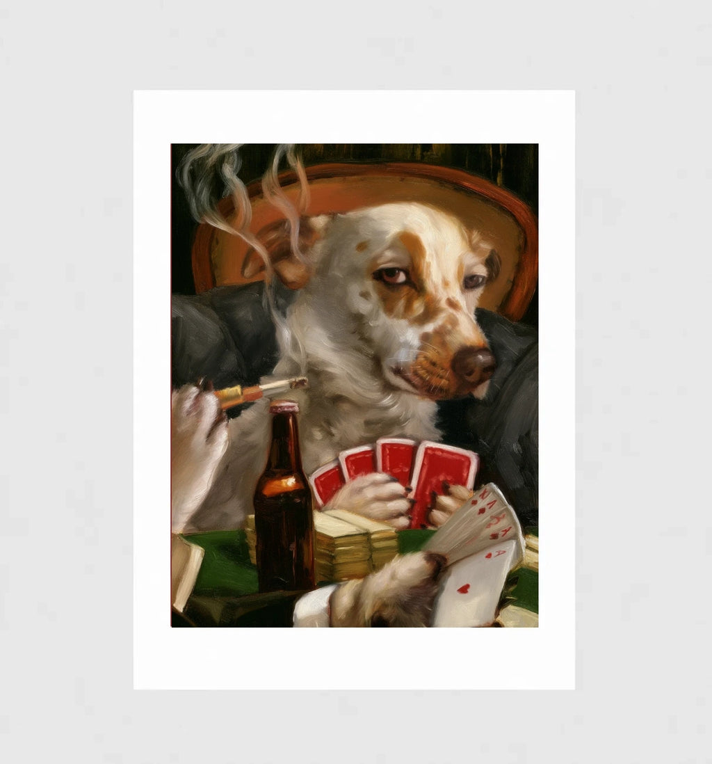 High Roller by Muse and Paw, a spotted spaniel playing cards with a cigar, a bottle and a stack of banknotes, shown flat as a bordered fine art print.