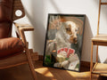 High Roller by Muse and Paw, a print of a spotted spaniel with a cigar and a hand of playing cards at a card table, framed and styled in a sunlit room with a leather armchair and wooden shelving.