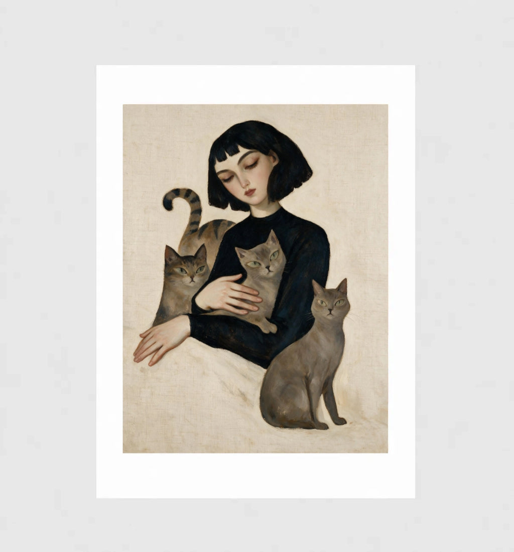 Menagerie by Muse and Paw, a portrait print of a woman holding a tabby, a grey tabby, and a smoke-grey cat, framed and leaning against a wall.