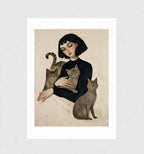 Menagerie by Muse and Paw, a portrait print of a woman holding a tabby, a grey tabby, and a smoke-grey cat, framed and leaning against a wall.
