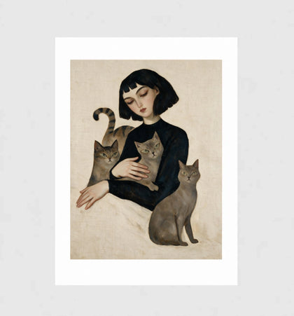Menagerie, Wandkunst mit Frau und drei Katzen