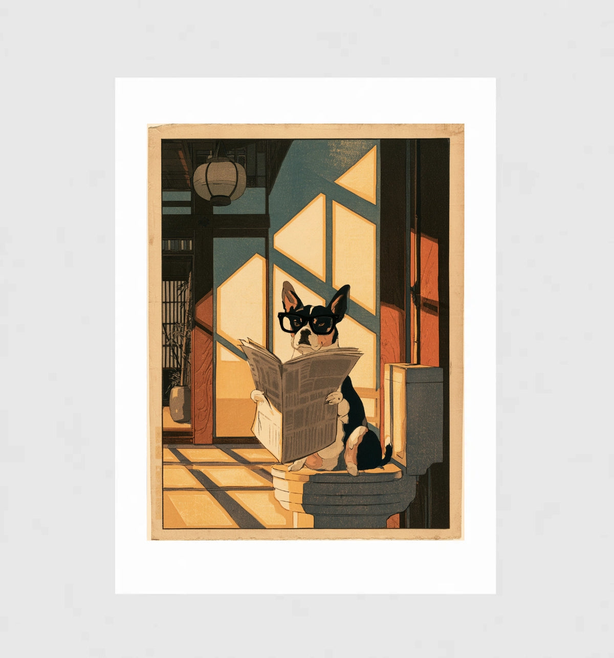 Morning Edition by Muse and Paw, a Boston terrier in black glasses reading a newspaper on the toilet, in Japanese woodblock style, shown flat as a bordered fine art print.