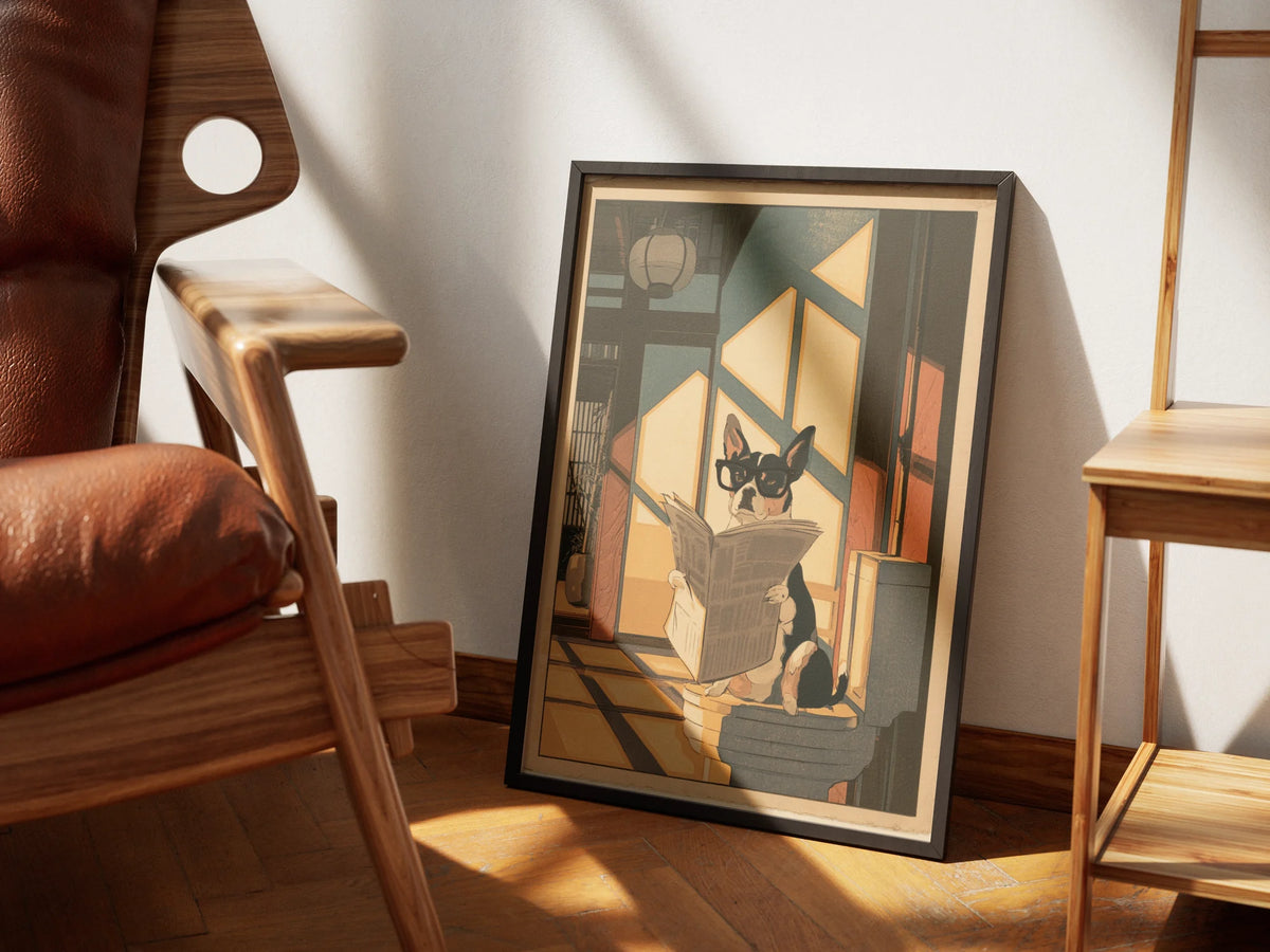 Morning Edition by Muse and Paw, a print of a Boston terrier in glasses reading the newspaper on the toilet in a sunlit Japanese room, framed and leaning against a sunlit wall beside a leather chair and wooden shelving.