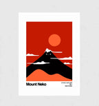 Mount Neko by Muse and Paw, a minimalist graphic poster of a cat-faced mountain under an orange sun, shown flat as a bordered fine art print.