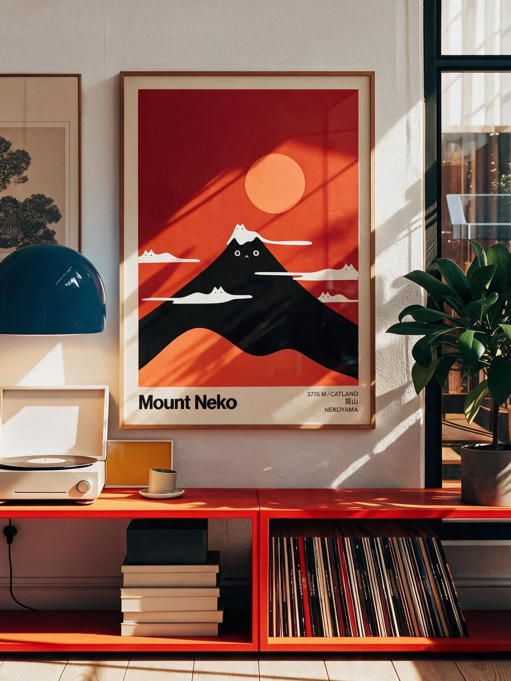 Mount Neko minimalist cat poster wall art in an oak frame, hung above a red record console with a turntable and vinyl.