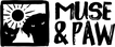 Muse and Paw logo, a cat and a dog facing each other beneath a sun inside a hand-drawn frame, beside the wordmark Muse & Paw.