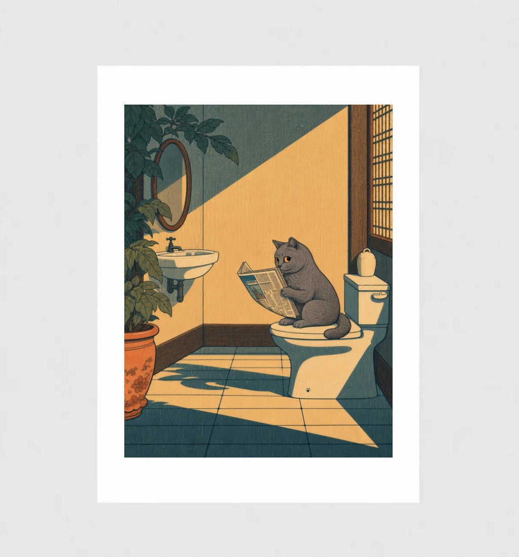 Occupied by Muse and Paw, a round grey cat reading a newspaper on the toilet in a sunlit bathroom, in Japanese woodblock style, shown flat as a bordered fine art print.