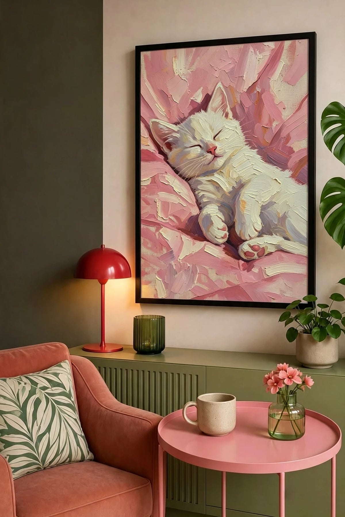 Petal sleeping white kitten wall art in a black frame, hung above an olive green sideboard with a red lamp and a pink side table.