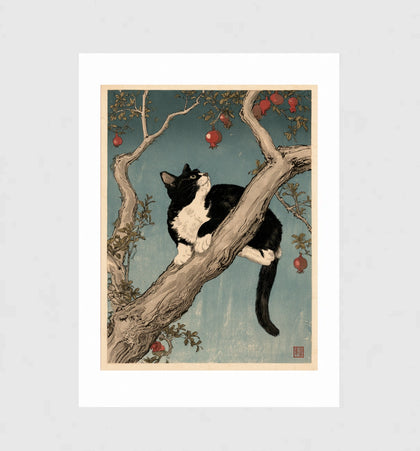 Pomegranate, Tuxedo Cat Japanese Woodblock Wall Art