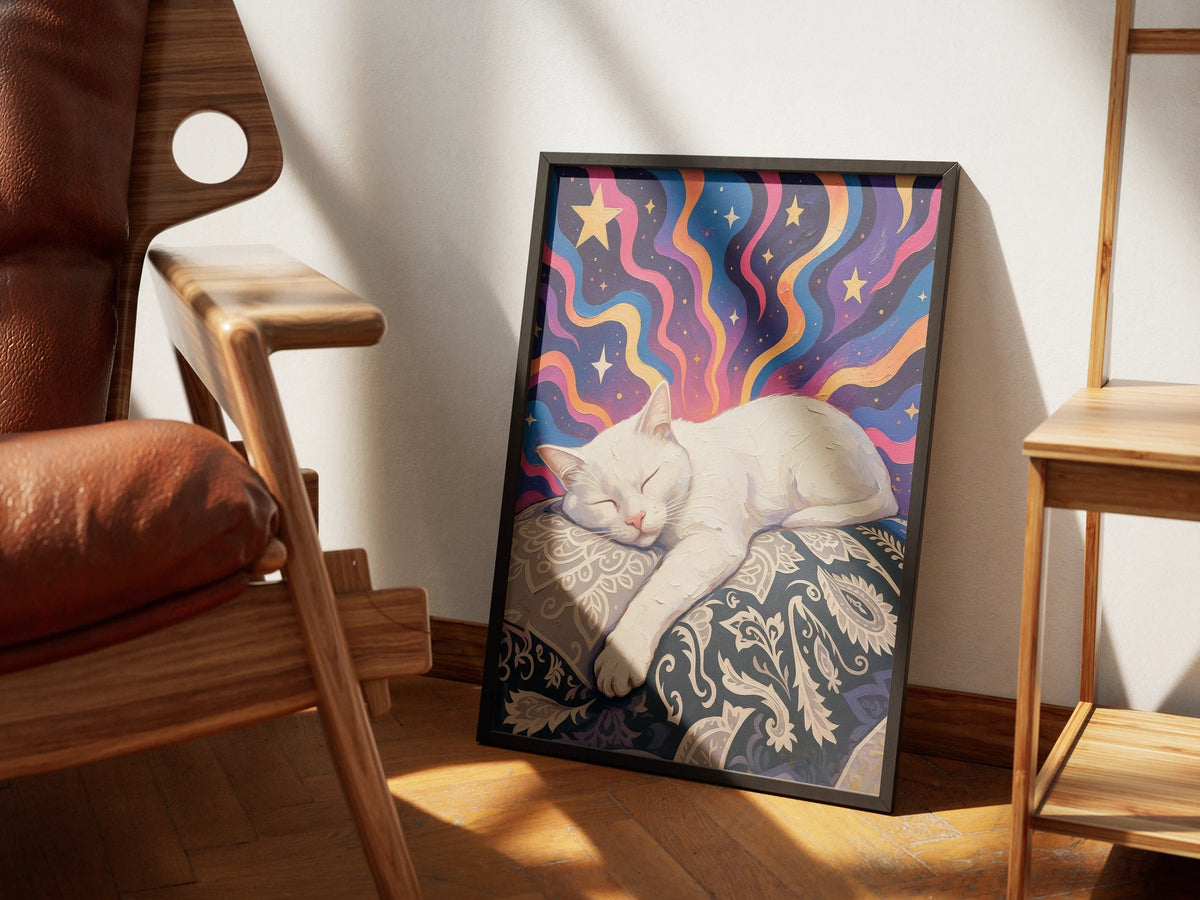 Reverie by Muse and Paw, an illustrated print of a white cat asleep under a swirling starry sky, framed and styled in a sunlit room with a leather armchair and wooden shelving.