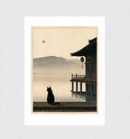 Still Water by Muse and Paw, a black cat on a jetty beneath a temple veranda facing a misty lake and a red sun, in Japanese woodblock style, shown flat as a bordered fine art print.