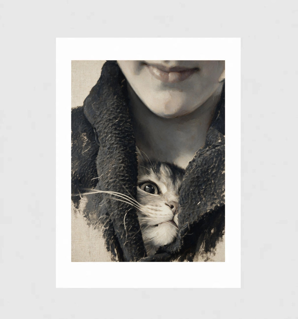 Stowaway by Muse and Paw, a close-up print of a kitten peeking out from a wool scarf, framed and leaning against a wall.