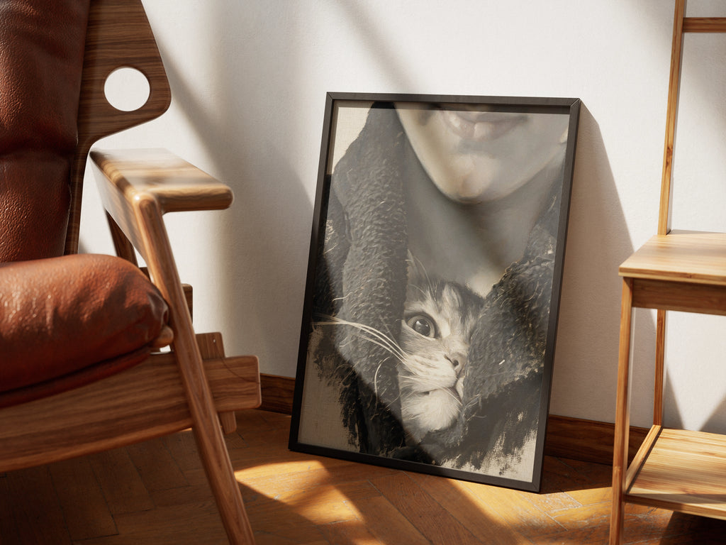 Stowaway by Muse and Paw, a close-up print of a kitten peeking out from a wool scarf, styled in a sunlit room with a leather armchair and wooden chairs.