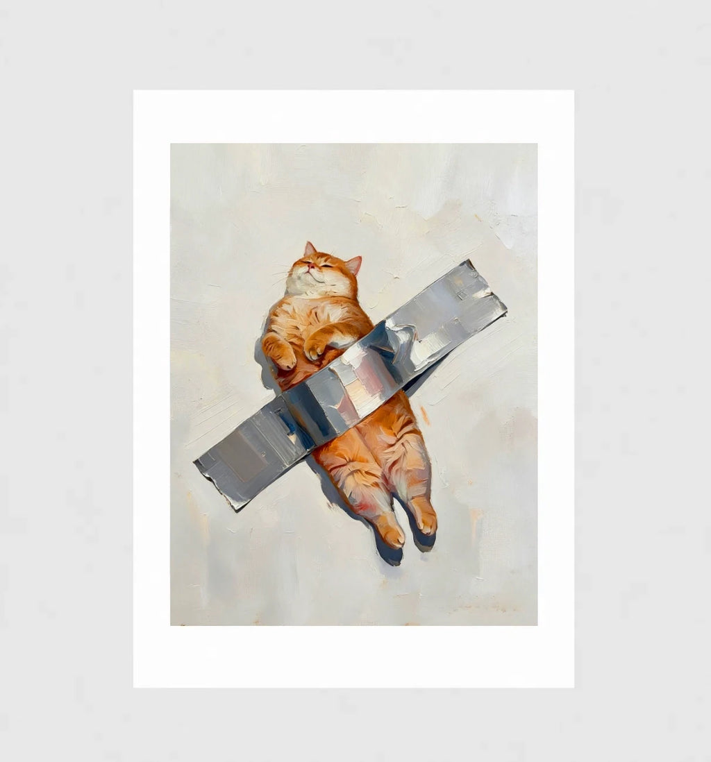 Stuck by Muse and Paw, a painterly print of a ginger cat held to a wall with duct tape, shown flat as a bordered fine art print.