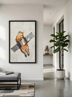 Stuck funny ginger cat wall art in a black frame, hung in a bright minimal hallway beside a fiddle leaf fig and a bench.
