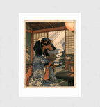 Tea Break by Muse and Paw, a black and tan dachshund in a blue kimono and gold glasses holding a steaming cup of tea in a Japanese room, in woodblock style, shown flat as a bordered fine art print.