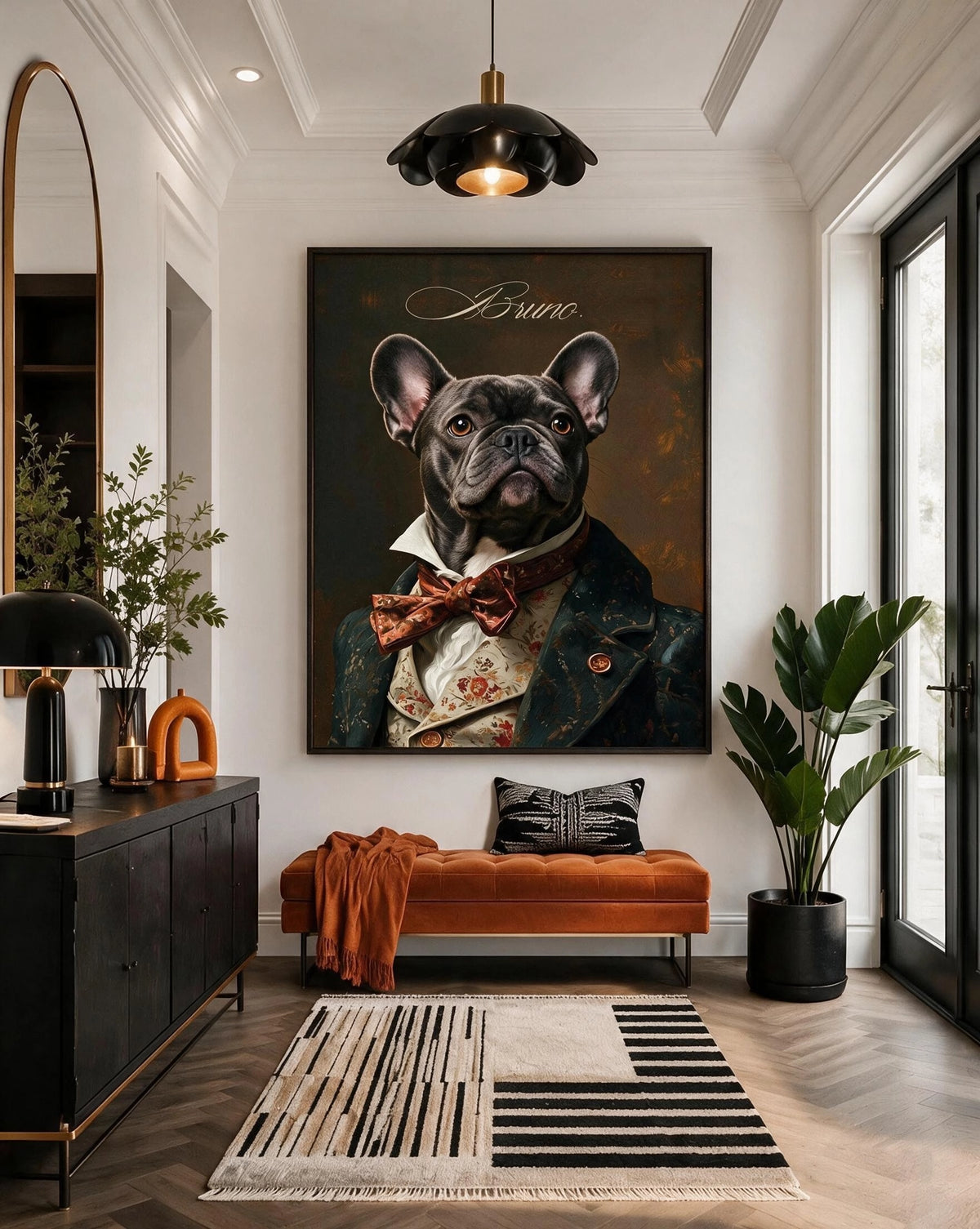 Bruno, a French bulldog in a velvet waistcoat, as a large framed canvas above a bench in a bright hallway