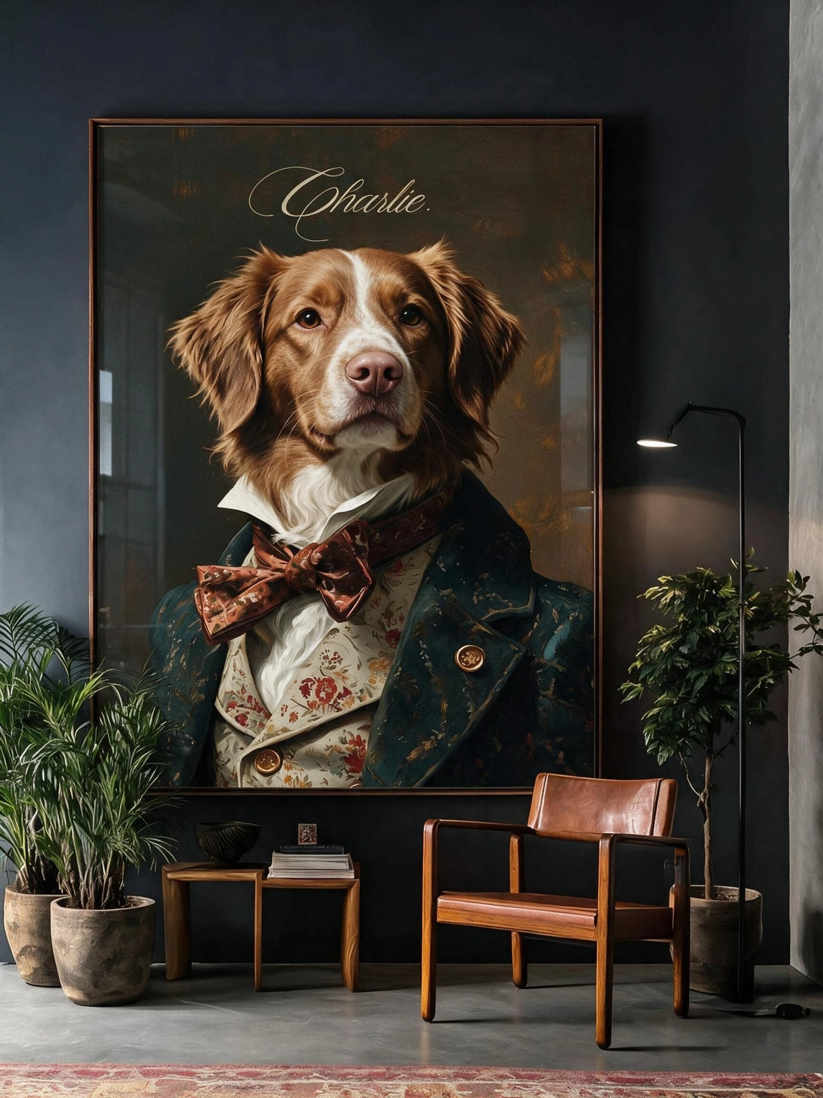 Charlie, a spaniel in a velvet waistcoat, as a large framed canvas filling a dark wall above a leather chair