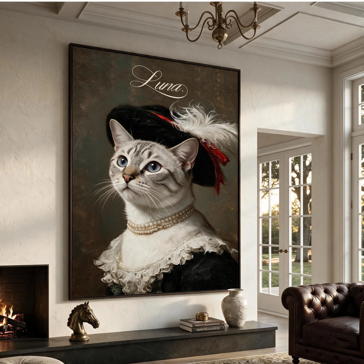 Luna, a white cat in a feathered hat and pearls, as a large framed canvas above a fireplace in a bright living room