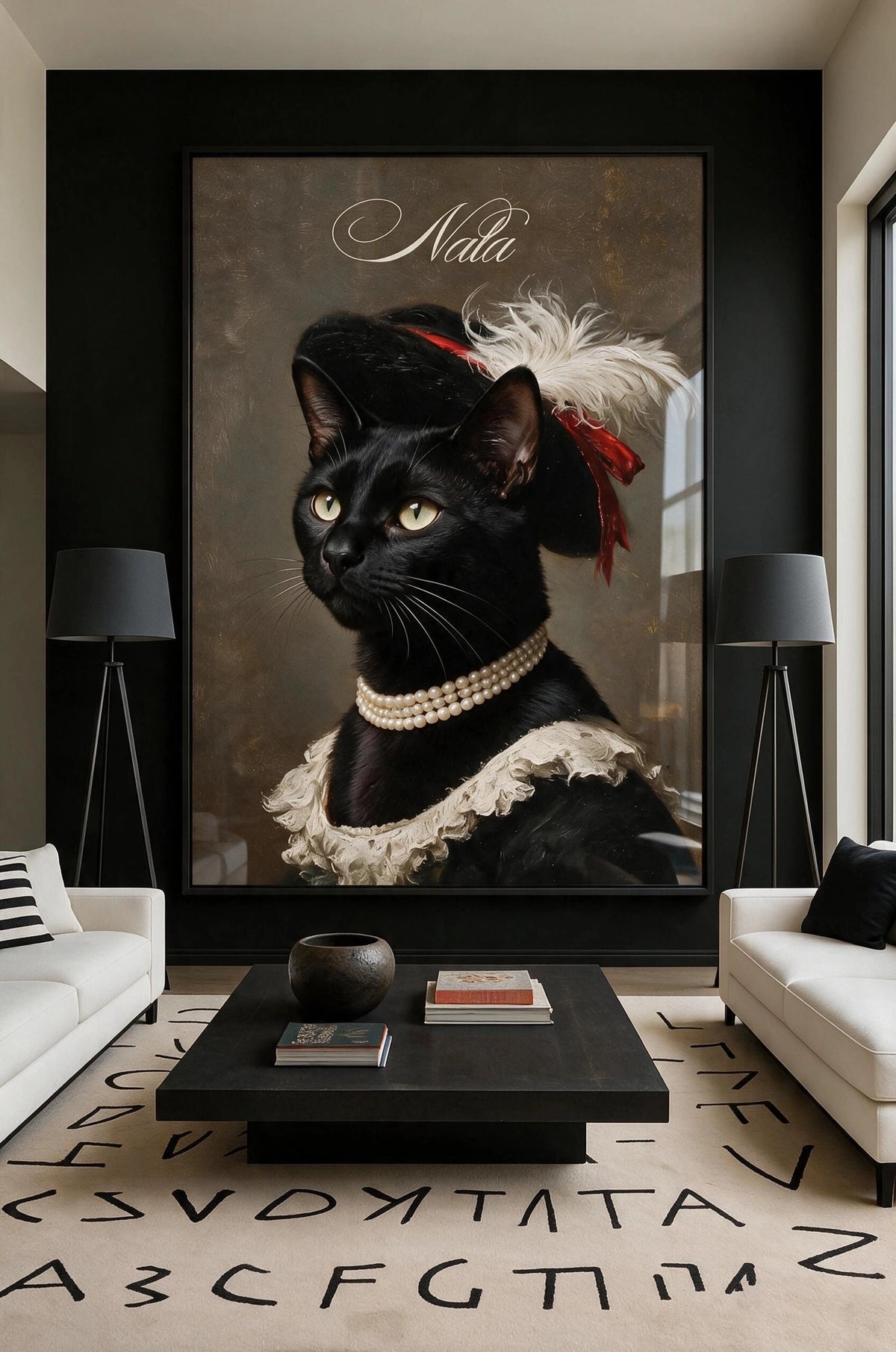 Nala, a black cat in a feathered hat and pearls, as a large framed canvas on a dark living room wall
