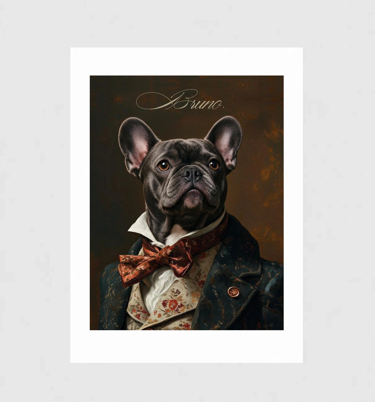 Velvet Waistcoat by Muse and Paw, a Renaissance portrait of a French bulldog in a teal velvet coat, shown flat as a bordered fine art print.