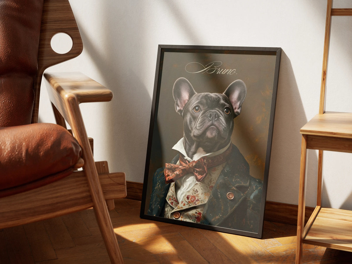 The same Velvet Waistcoat painting by Muse and Paw with a French bulldog in the coat, framed and styled in a sunlit room with a leather armchair and wooden shelving.