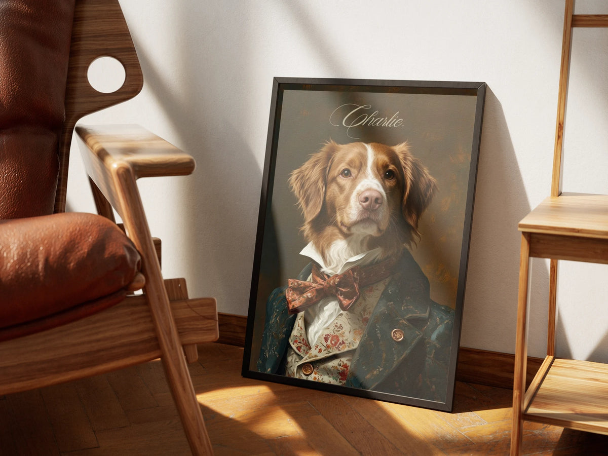 Velvet Waistcoat by Muse and Paw, a Renaissance portrait of a spaniel in a teal velvet coat and floral waistcoat, framed and styled in a sunlit room with a leather armchair and wooden shelving.