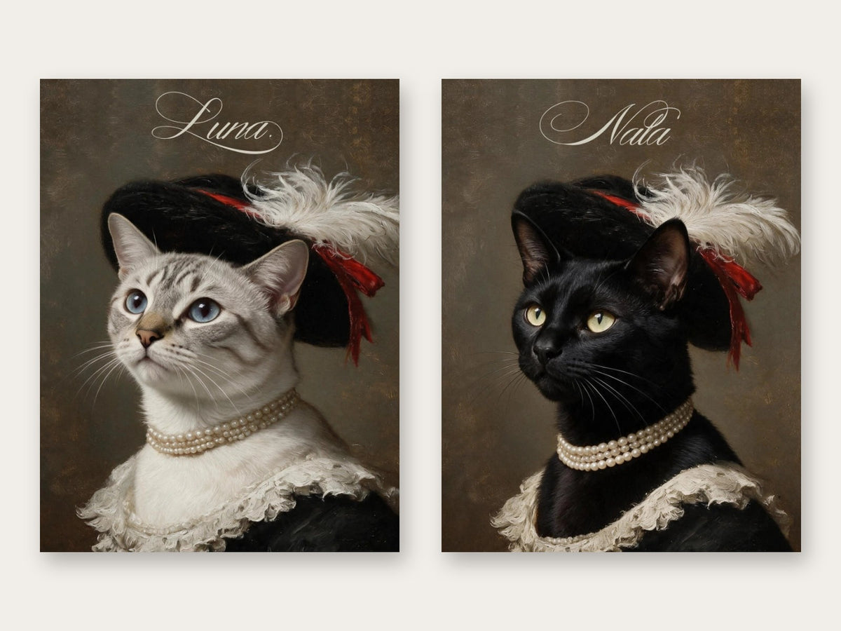 The same Feathered Hat portrait painted twice, once with a pale tabby named Luna and once with a black cat named Nala, showing how Muse & Paw repaints the animal in an artwork as yours.
